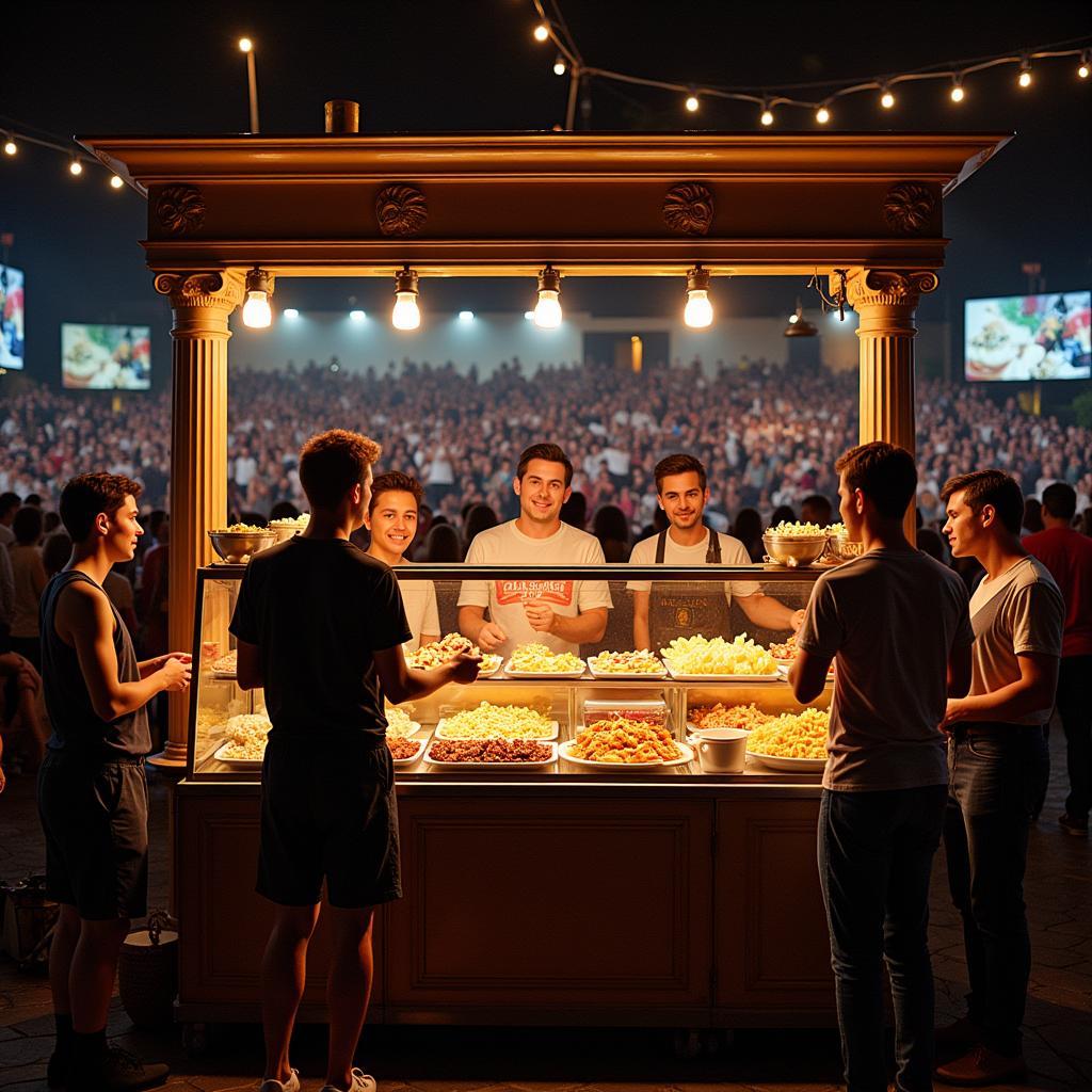 A bustling food stand at the Greek Theater serving classic concert snacks like popcorn and hot dogs.