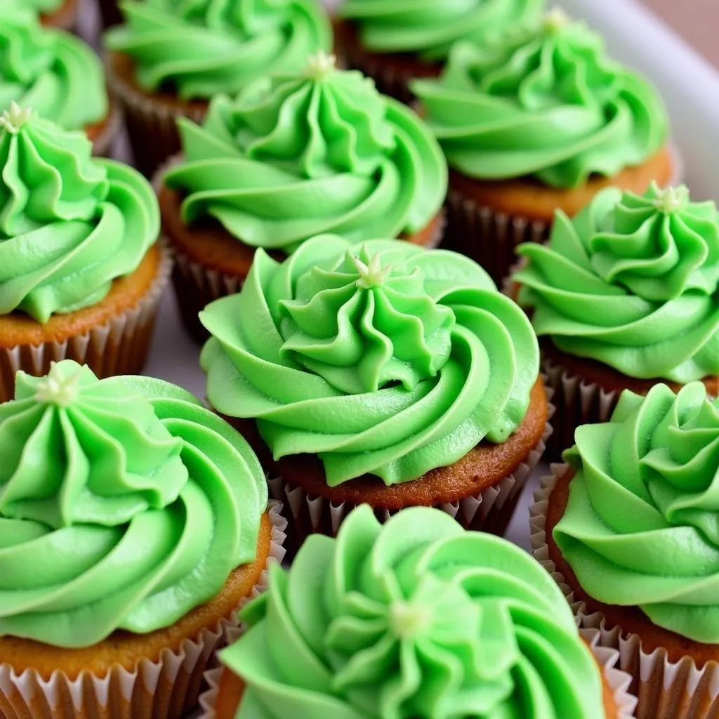 Green dyed frosting on cupcakes