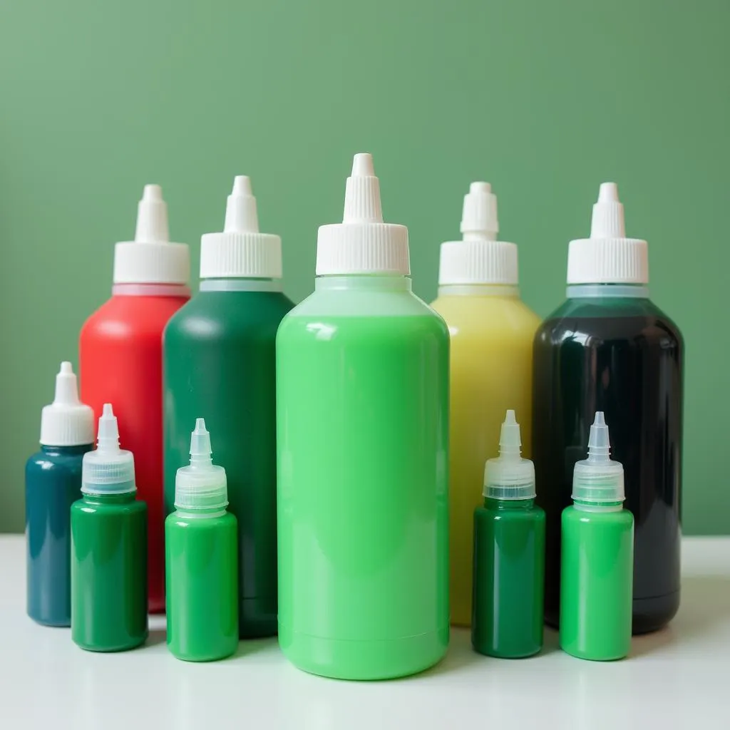 Green food dye bottles on a table