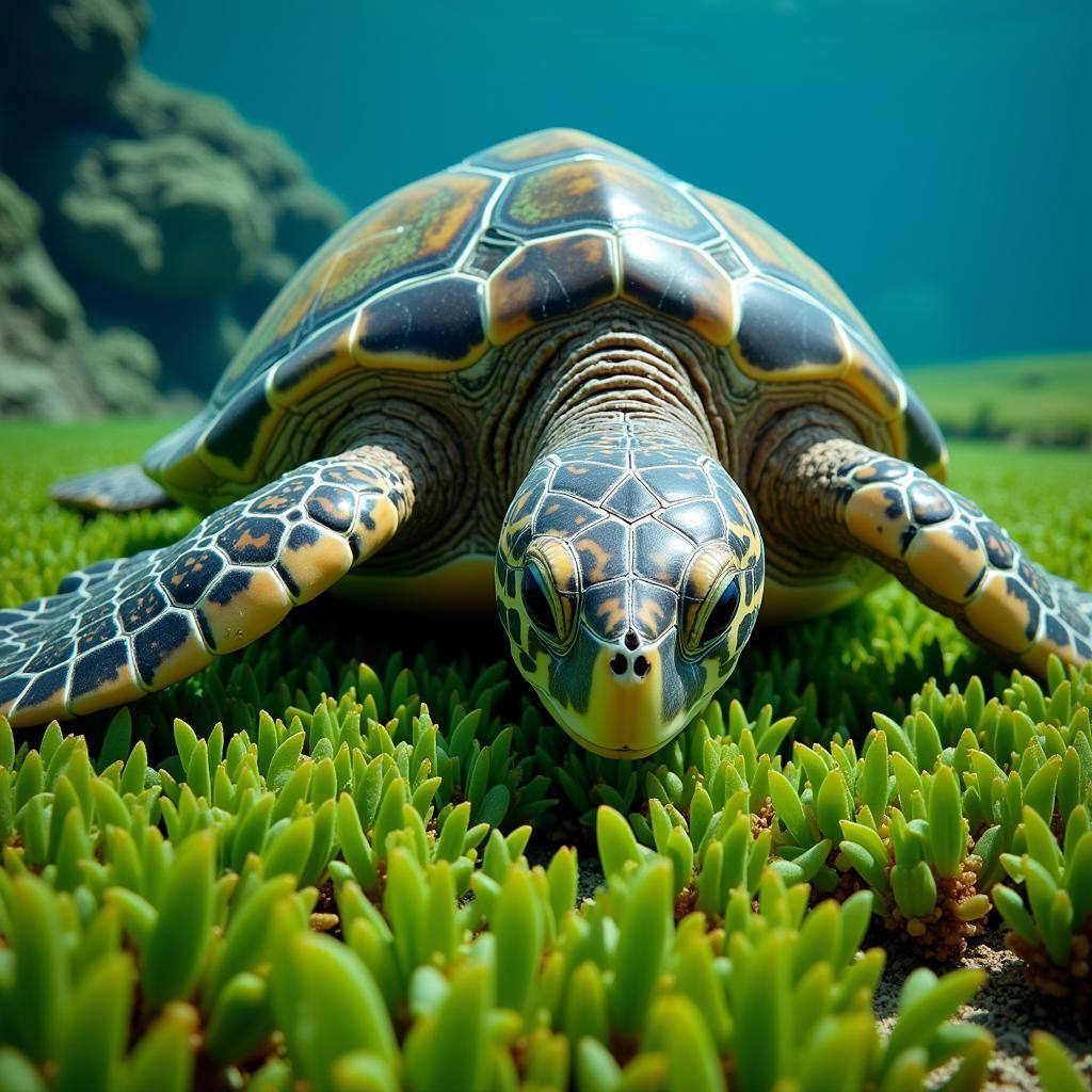 Green sea turtle feeding on seagrass