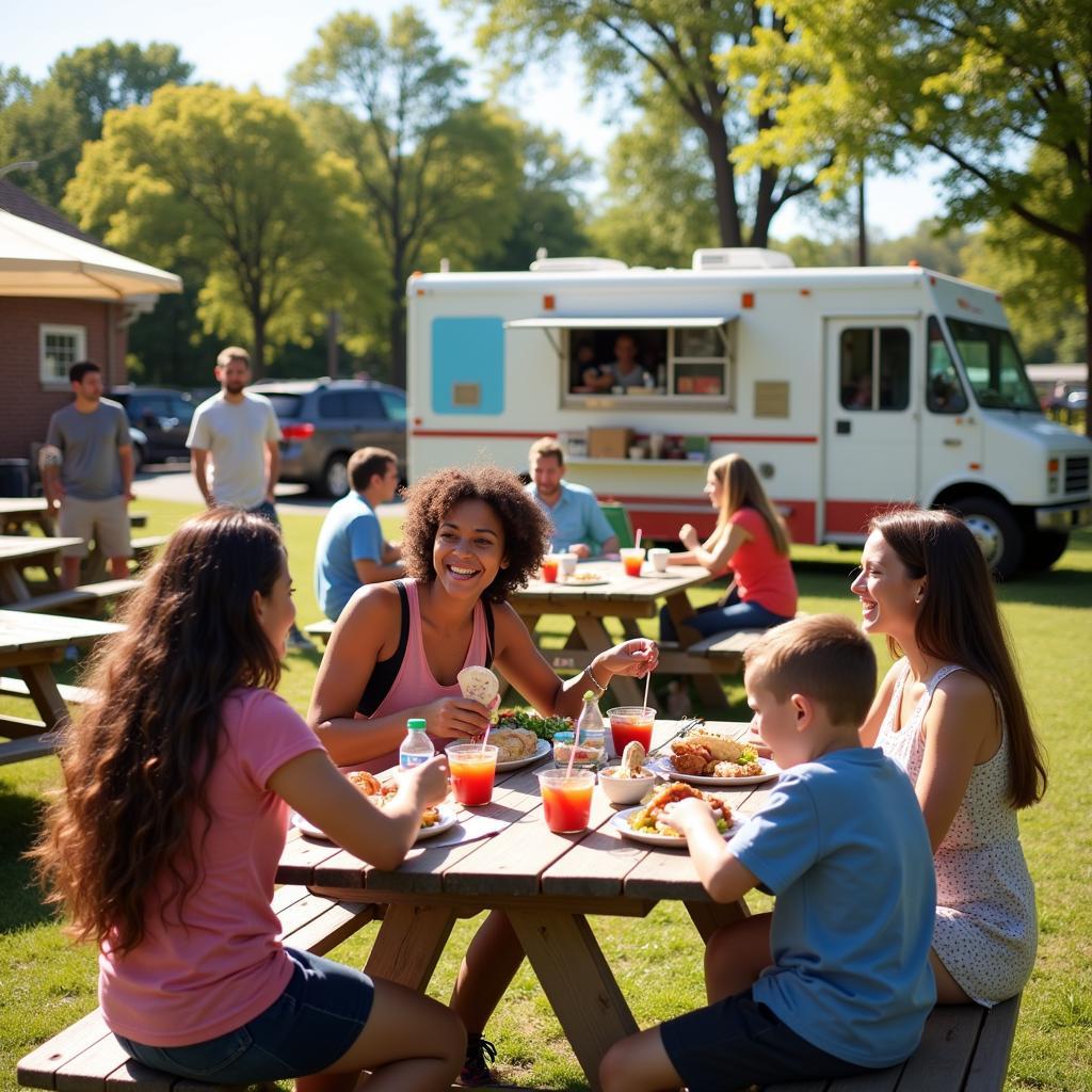 People Relaxing and Dining at Food Truck Park