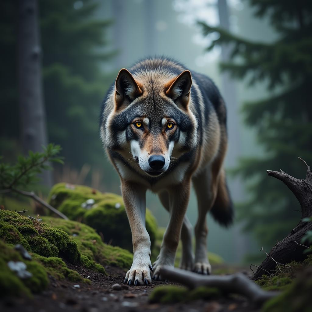 Grey Wolf on the Hunt in a Mountain Forest