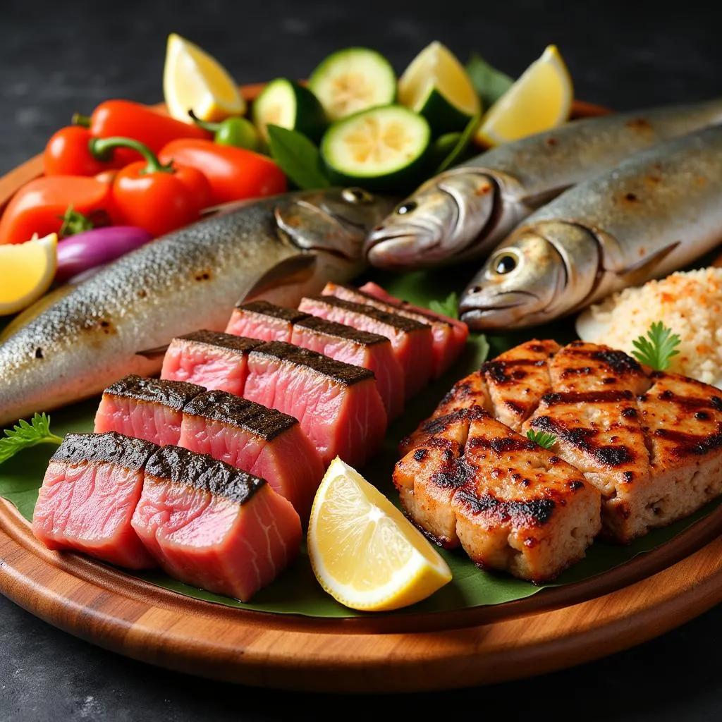 A platter of grilled fish with various types of fish, grilled vegetables, and lemon wedges.