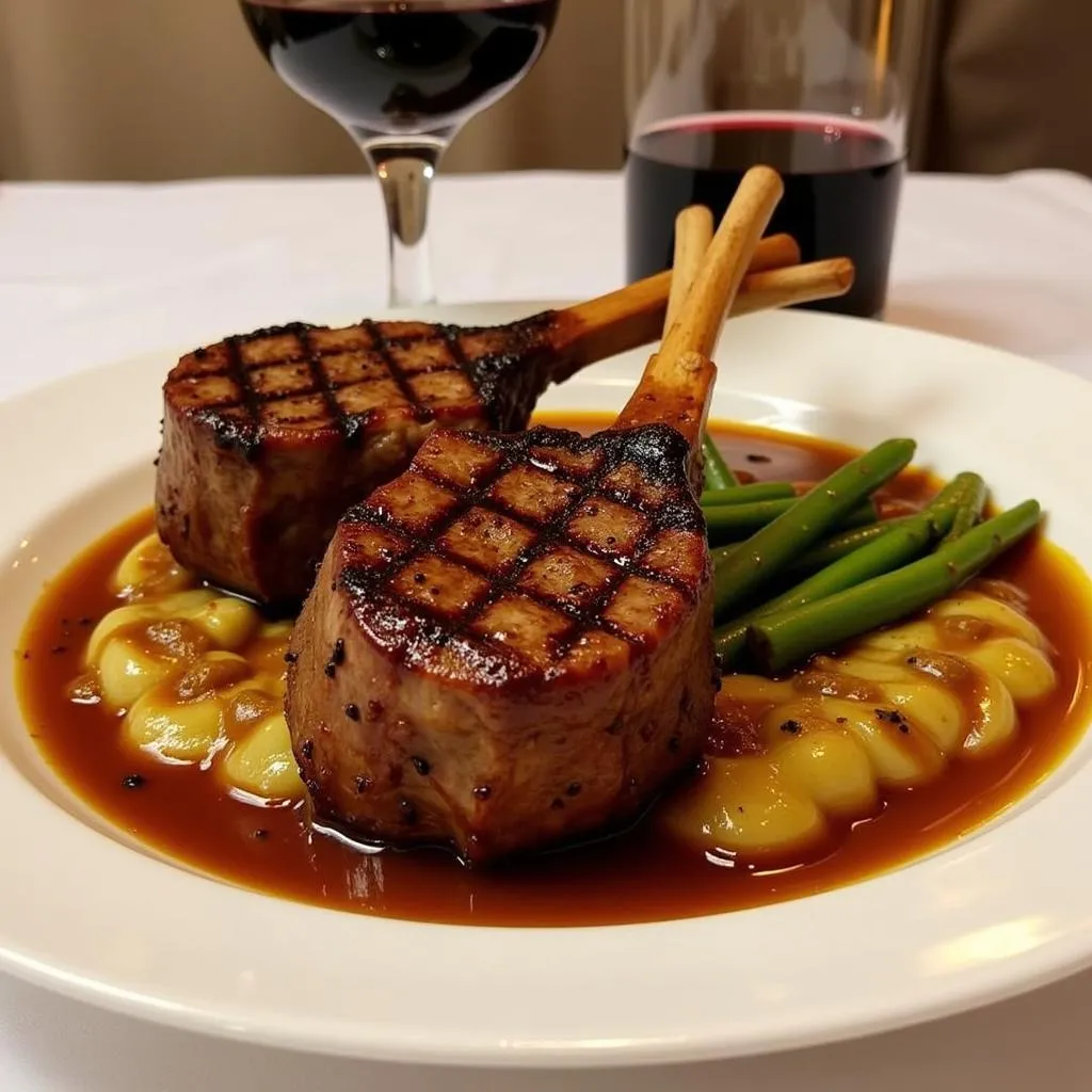 Grilled lamb chops plated with a glass of Rioja Crianza wine