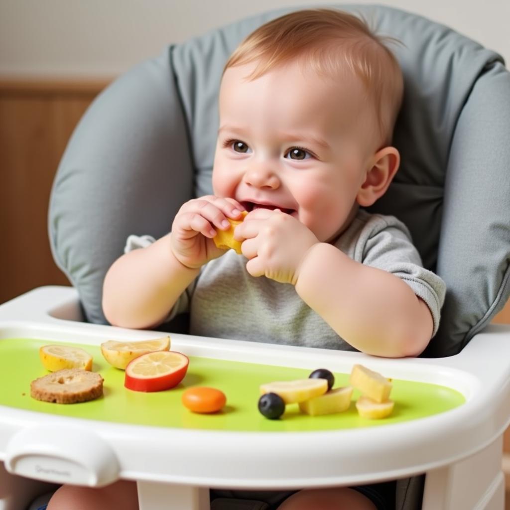 A baby happily enjoying a meal using the Grosmimi food tray