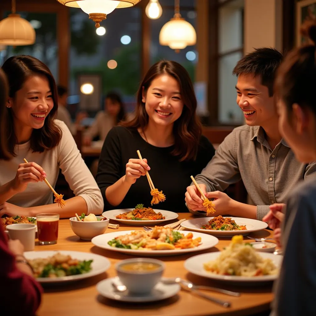 Friends and family enjoying a Chinese meal together in a restaurant in Portsmouth, RI