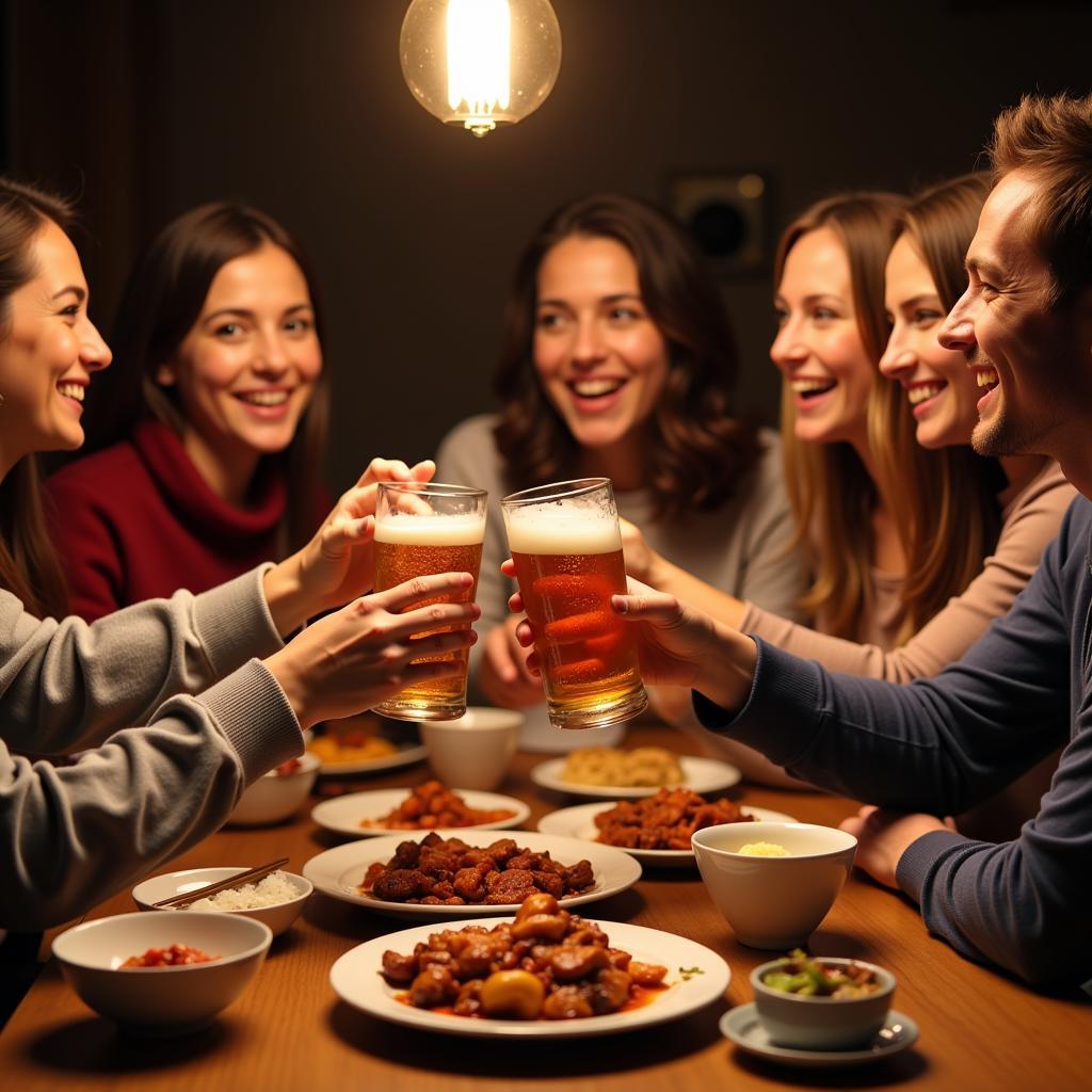 Friends sharing a meal of chinese food and beer