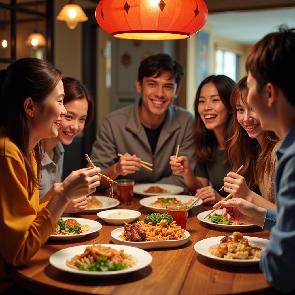  Friends and family enjoying Chinese takeout together