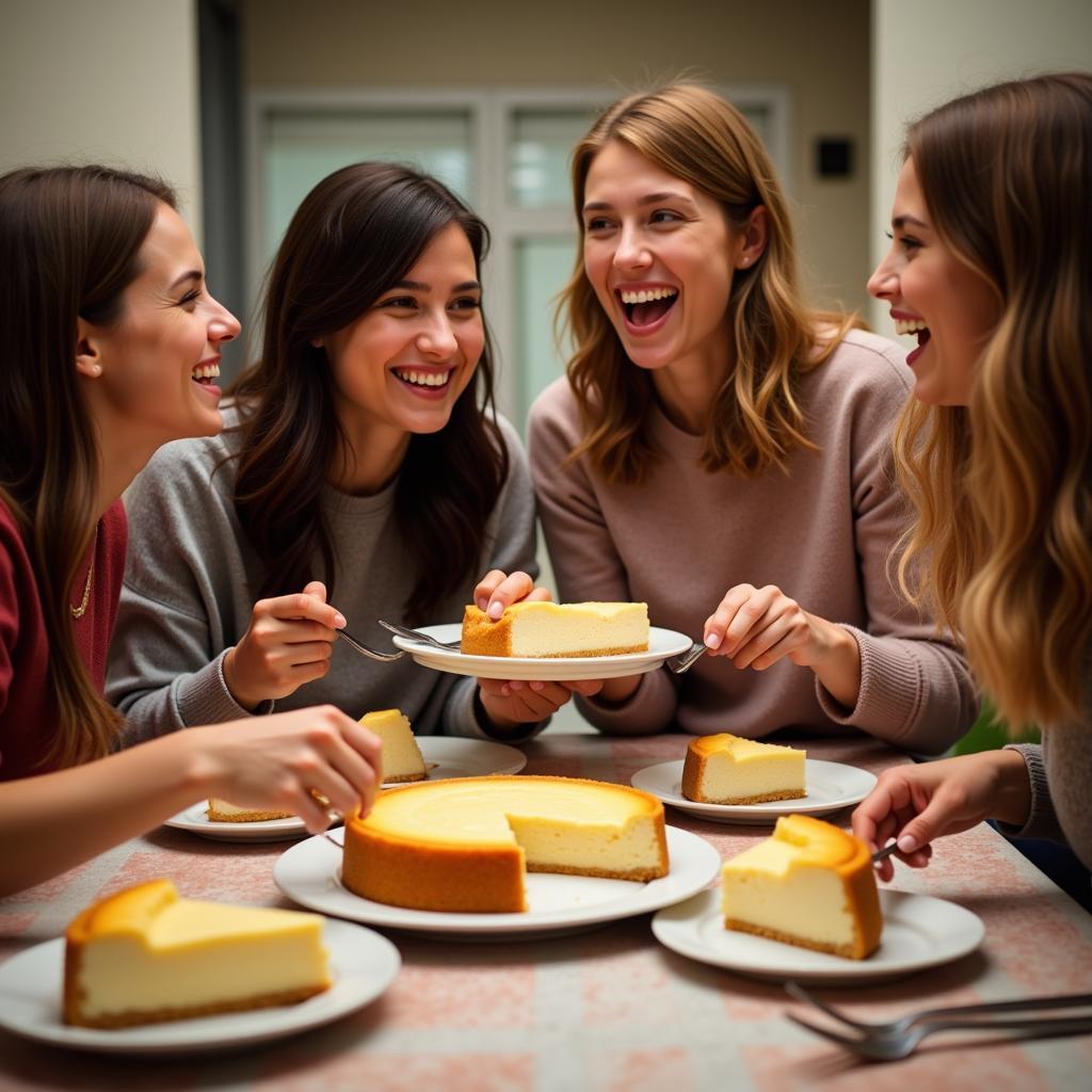 A group of friends sharing slices of angel food cake cheesecake.