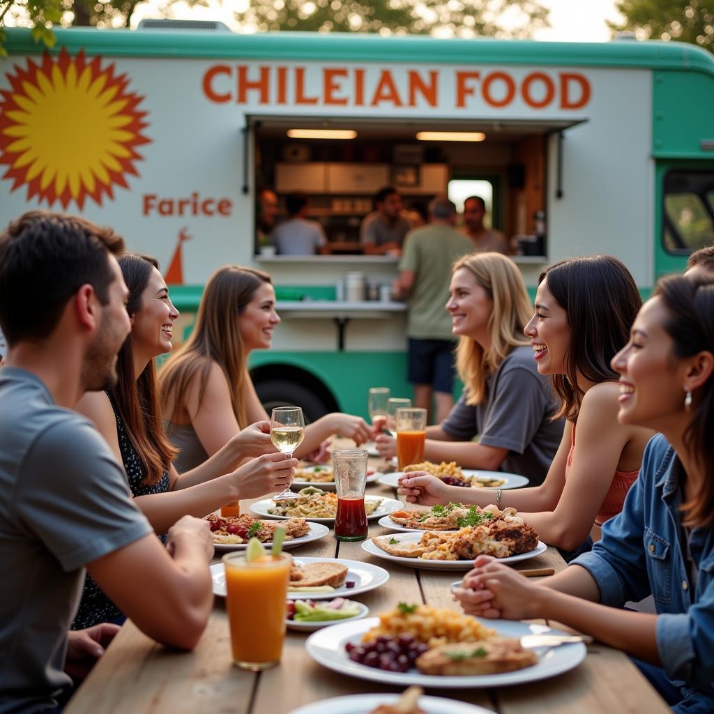 Friends Enjoying a Meal from a Chilean Food Truck