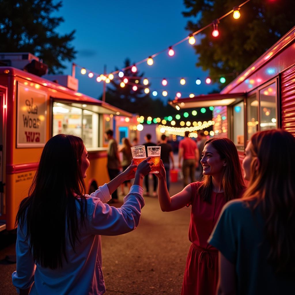 A group of friends toasting drinks at a food truck festival on the beach.