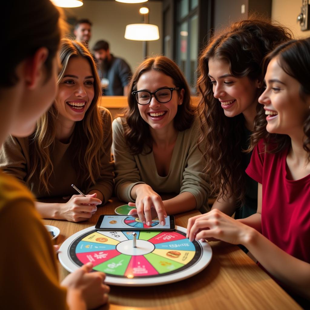 Group of friends using a fast food spinning wheel app