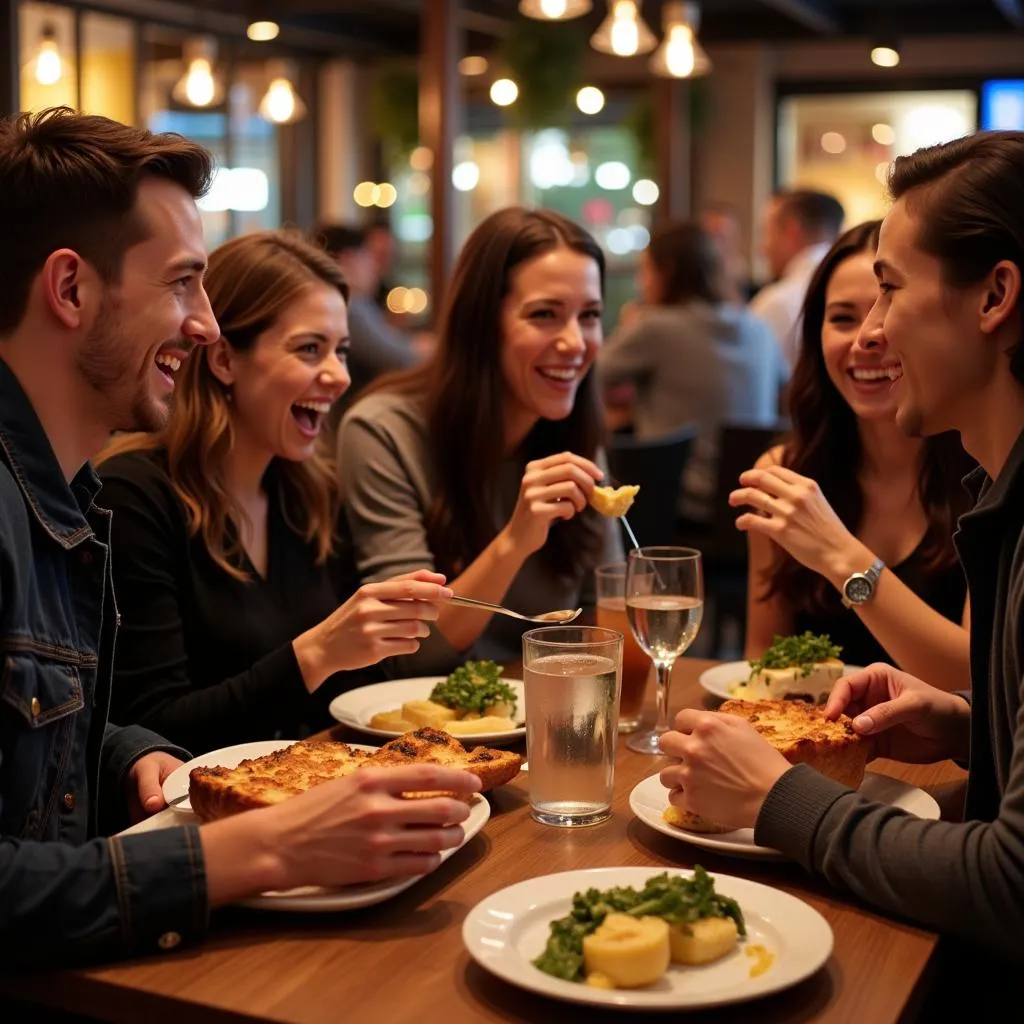 A group of friends enjoying a meal together at an American restaurant in Fort Collins