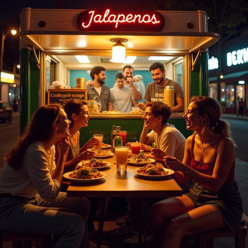 Friends Sharing a Meal and Laughter at a Jalapenos Food Truck