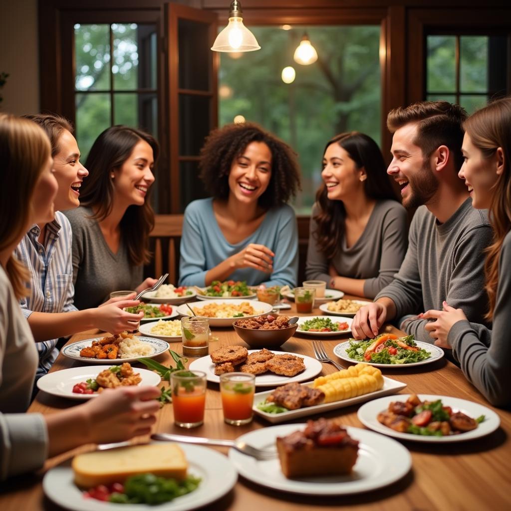 Friends gathered around a table filled with delicious food