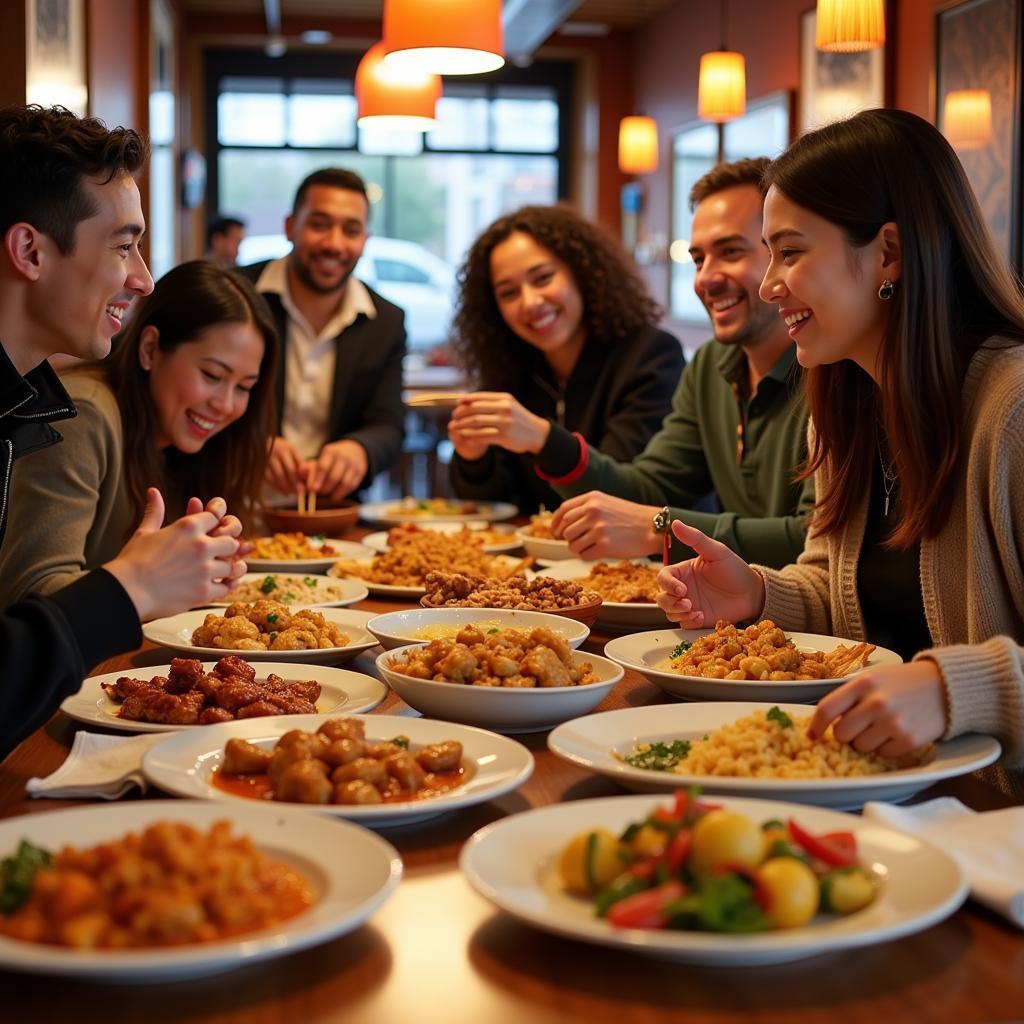 A group of friends share a delicious Chinese meal together in Roslindale, MA