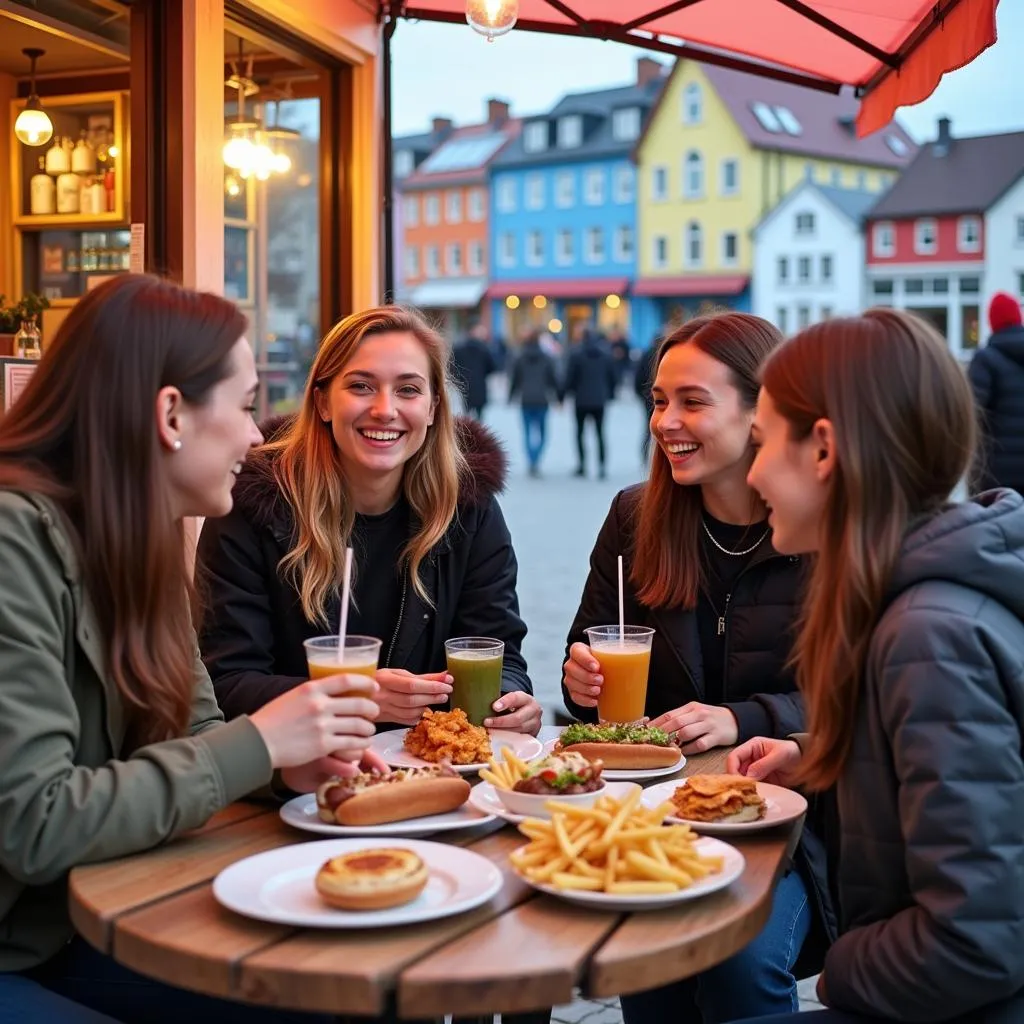 Group of Friends enjoying fast food in Reykjavik