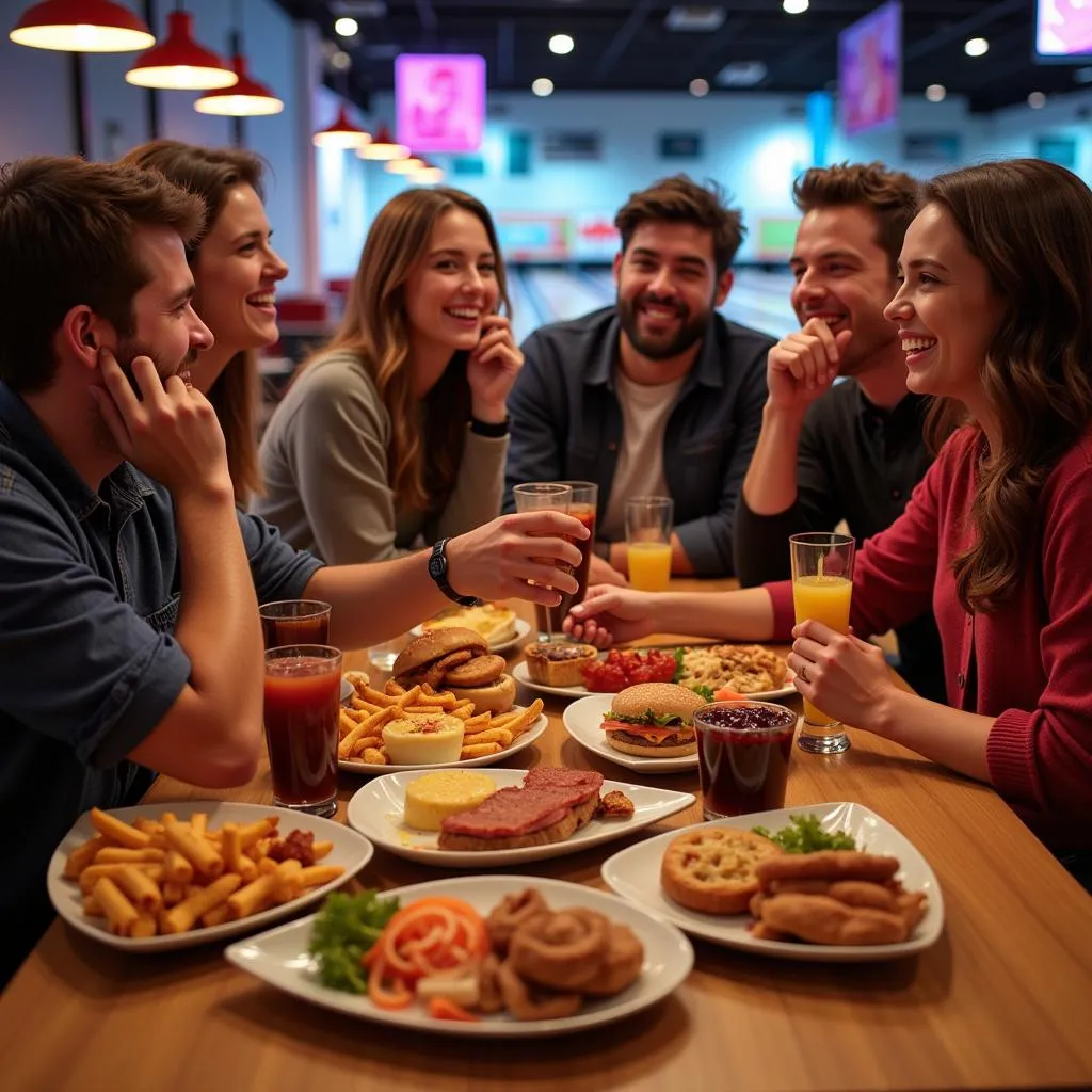 Friends Enjoying Food at Sparez Bowling