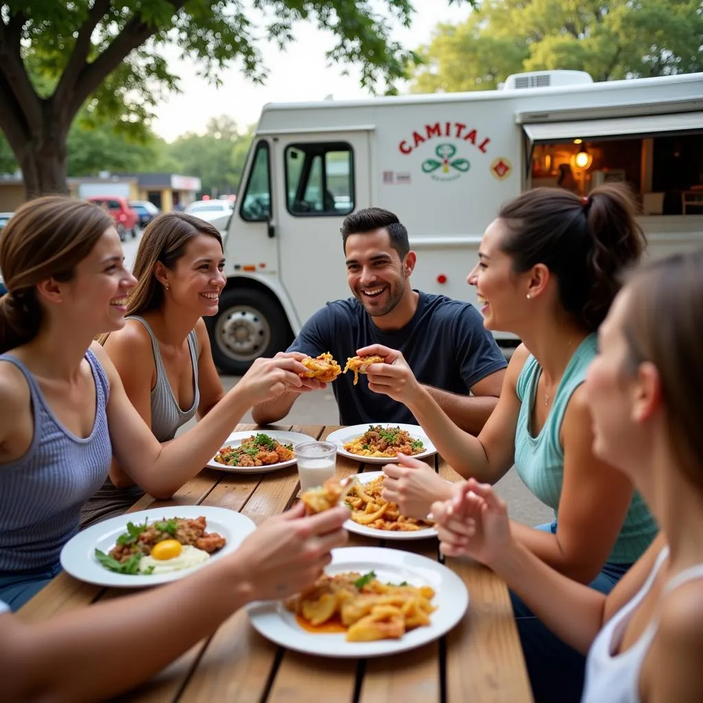 Friends enjoying a meal from a food truck in San Antonio