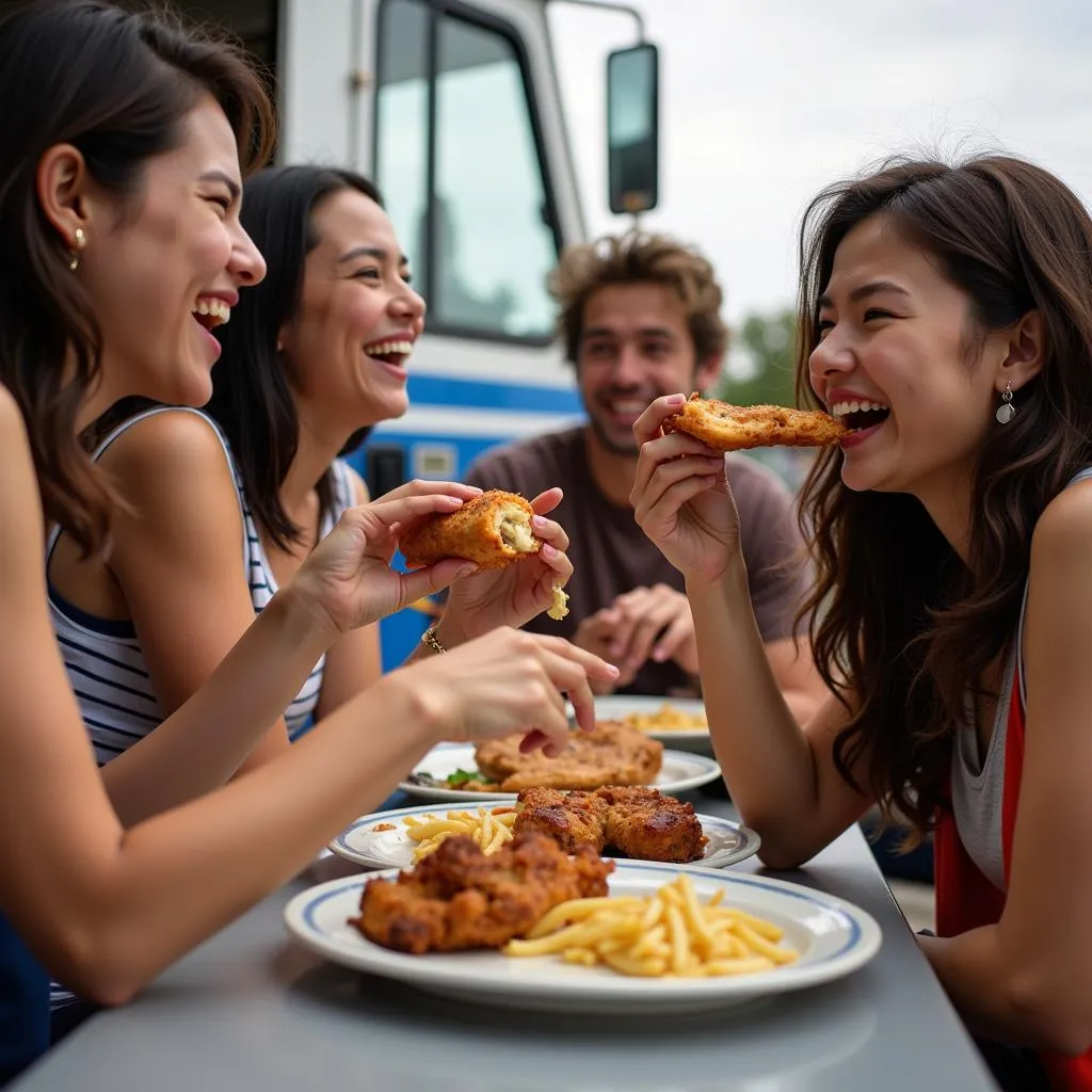 Group of Friends Enjoying Food Truck Meal