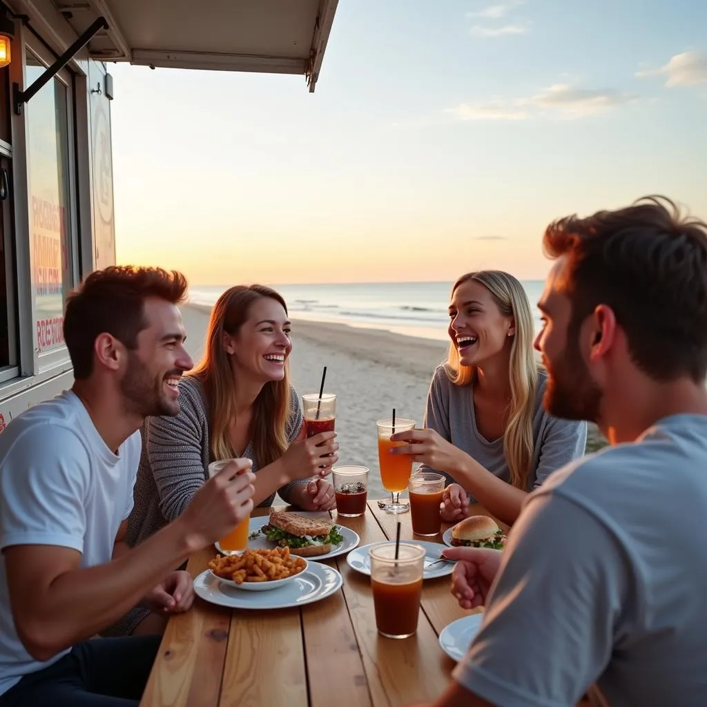 Group of Friends Enjoying Food Truck Meal at Bethany Beach