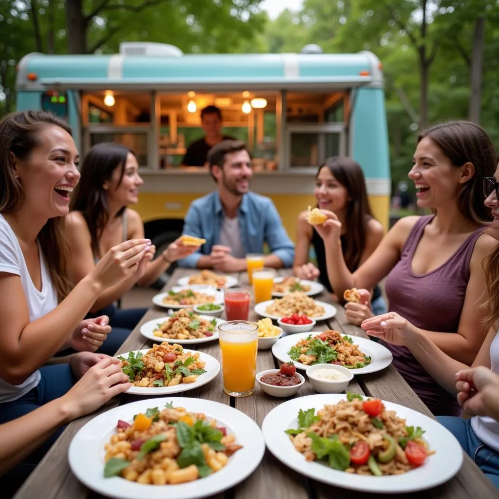 Group of friends enjoying a variety of dishes from a food truck in Key Largo