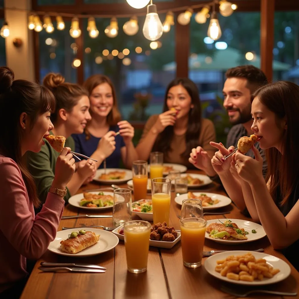 A group of friends laughing and sharing a variety of kizzle foods in a restaurant