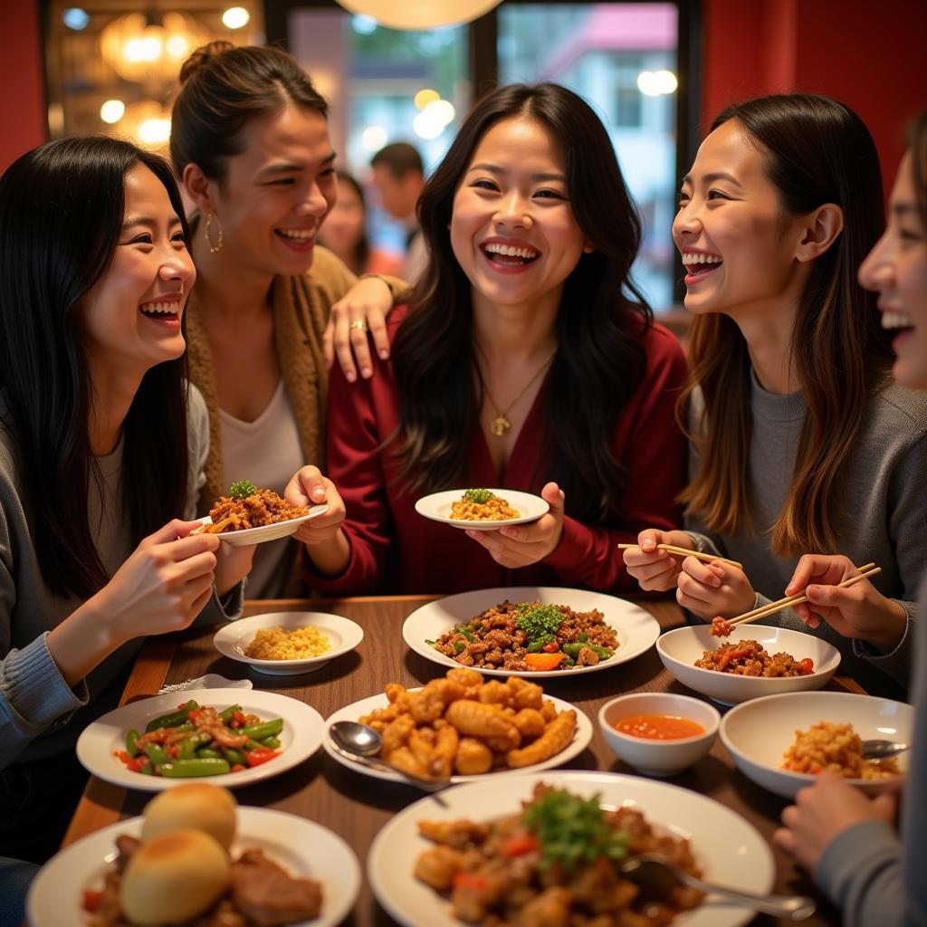 A group of friends enjoying a meal at a Leon Chinese restaurant