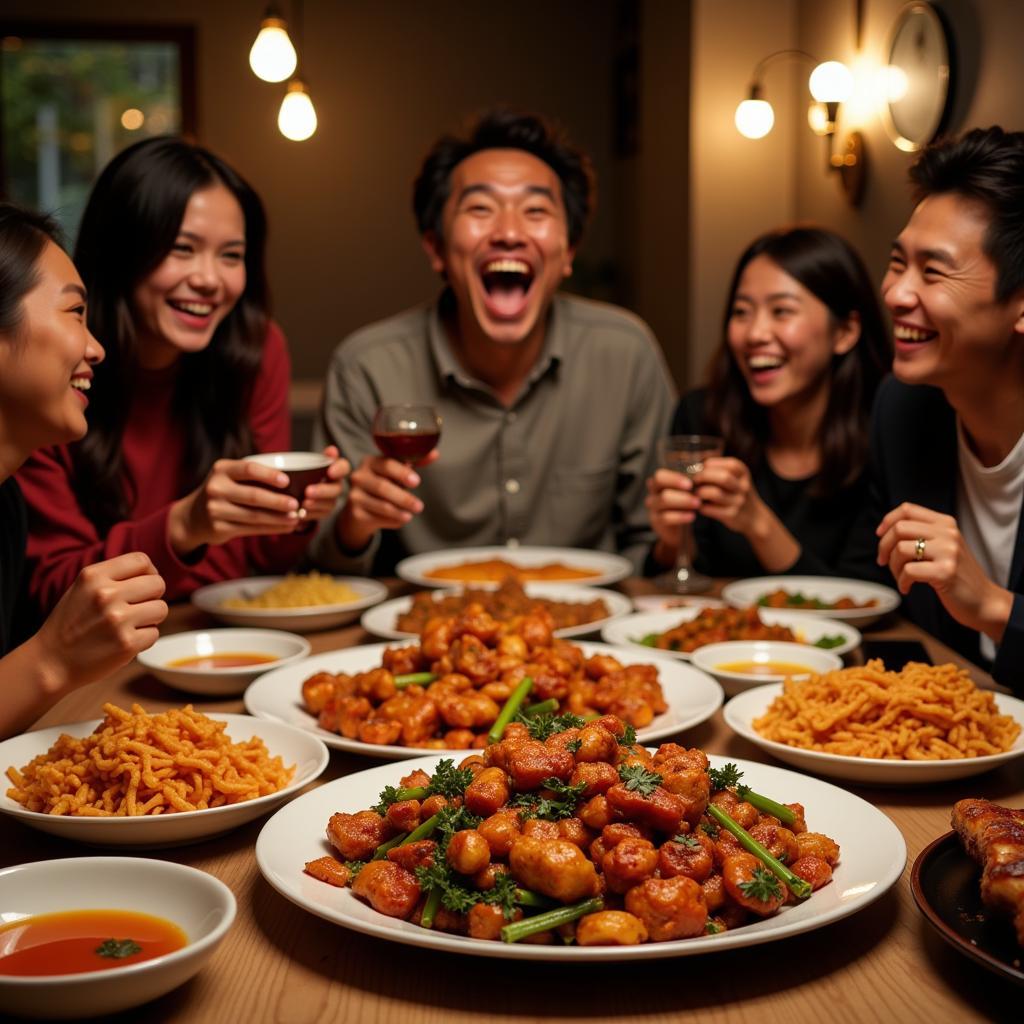 Friends Sharing a Meal of Rocky Chinese Food