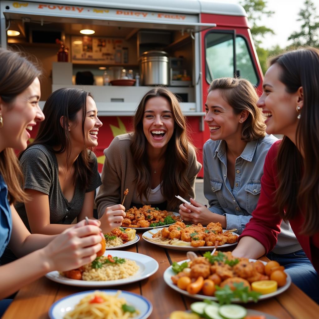 Friends Enjoying Spicy Food at a Food Truck 