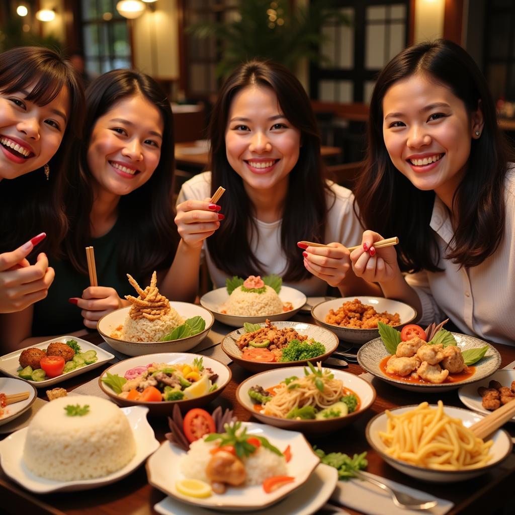 Friends sharing a Thai meal