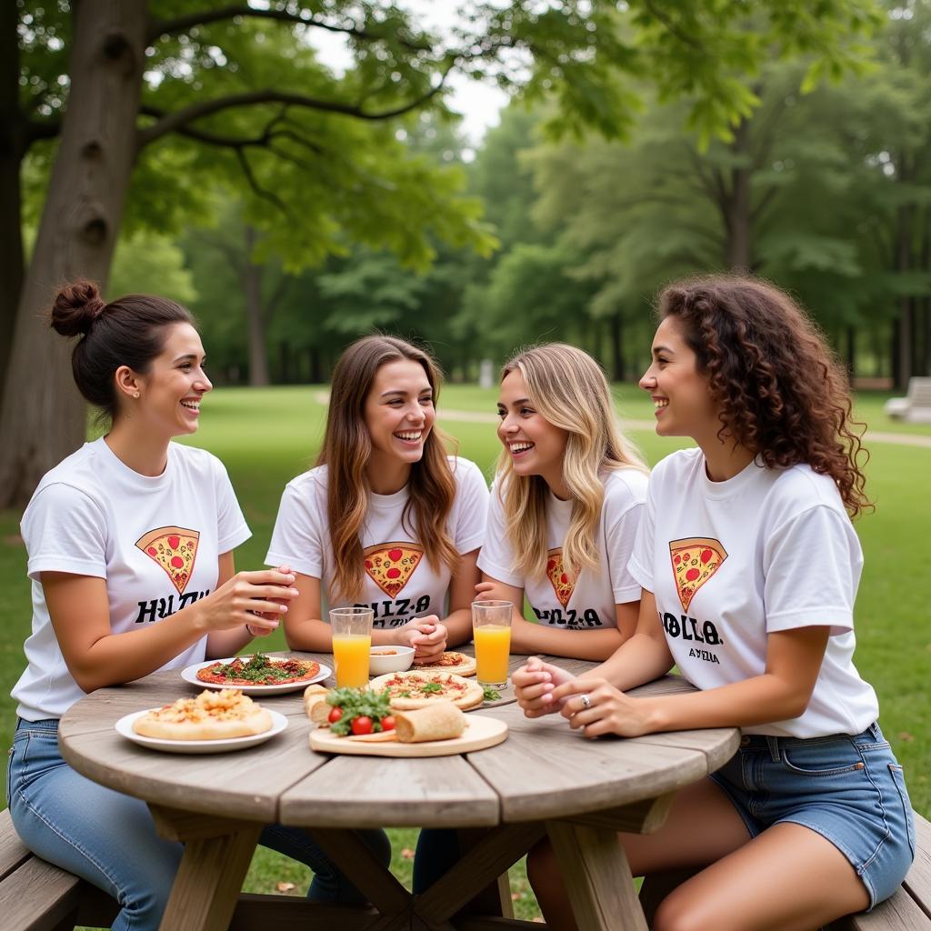 A group of friends laughing and pointing at each other's matching food t-shirts.