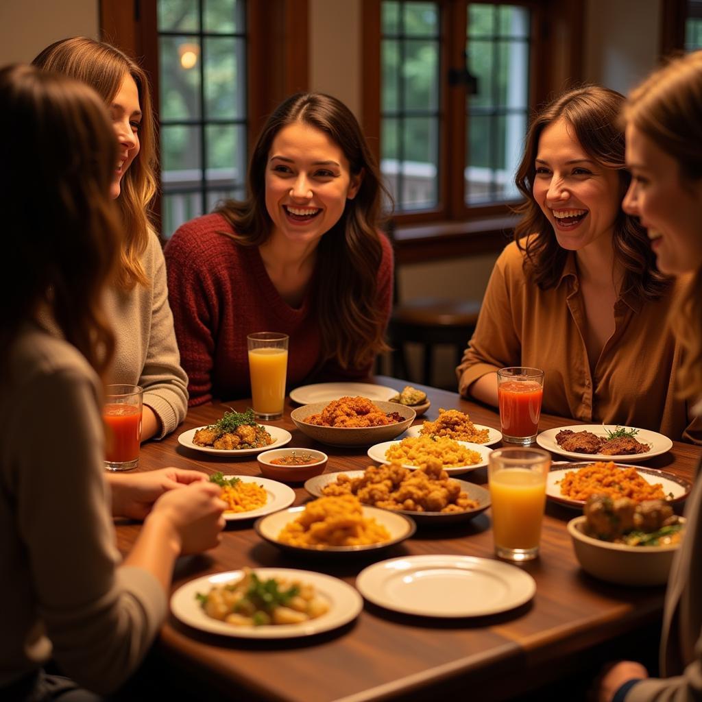 Friends gather around a table, sharing a feast of homemade Indian food