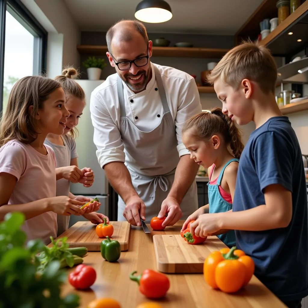 Group of Kids Learning to Chop Vegetables with Chef