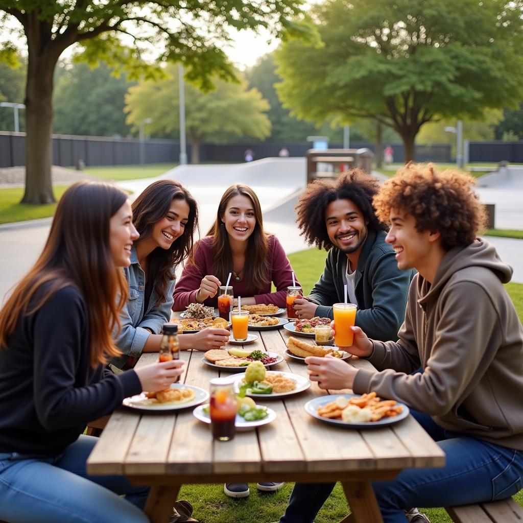 Skateboarders enjoying a Food Lion feast at the skatepark