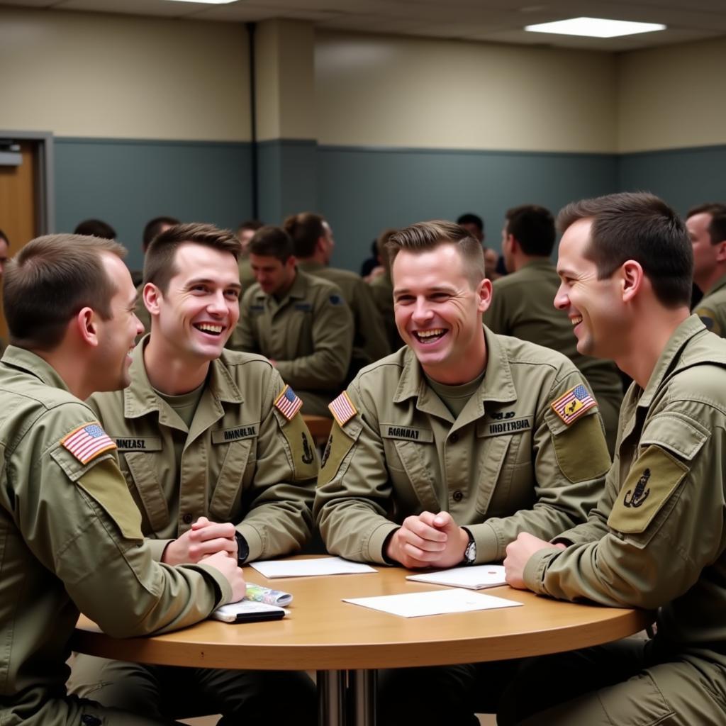 A group of soldiers share a laugh during a meal in the mess hall