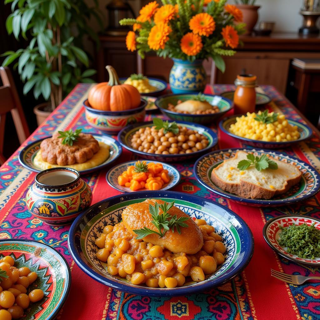 Festive Guatemalan Thanksgiving table setting with traditional dishes