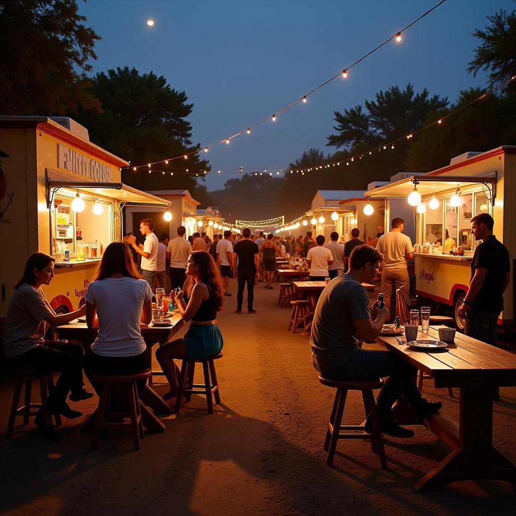 Guests socializing and enjoying food truck meals at a party