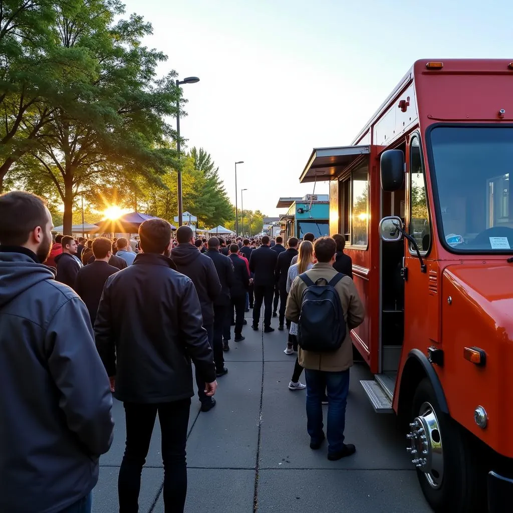 A line of people waiting patiently to order food from a popular food truck at Guthrie Green.