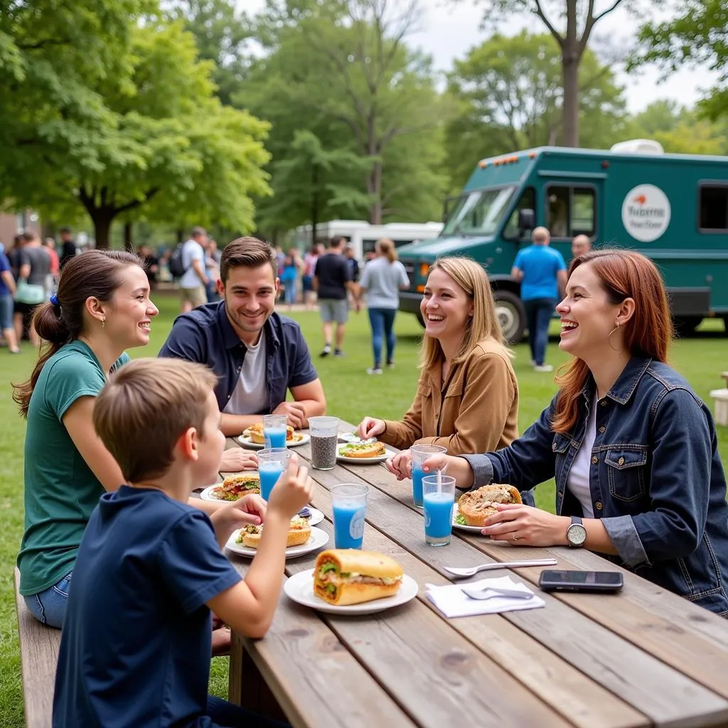 Groups of friends and families enjoying their meals at picnic tables at Guthrie Green Food Truck Wednesday.