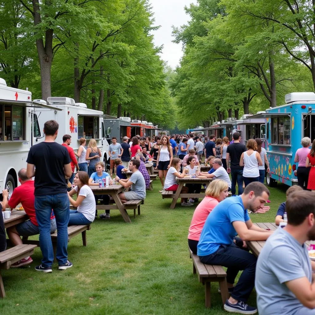 A bustling scene at Guthrie Green Food Truck Wednesday, with people enjoying food, music, and the lively atmosphere.