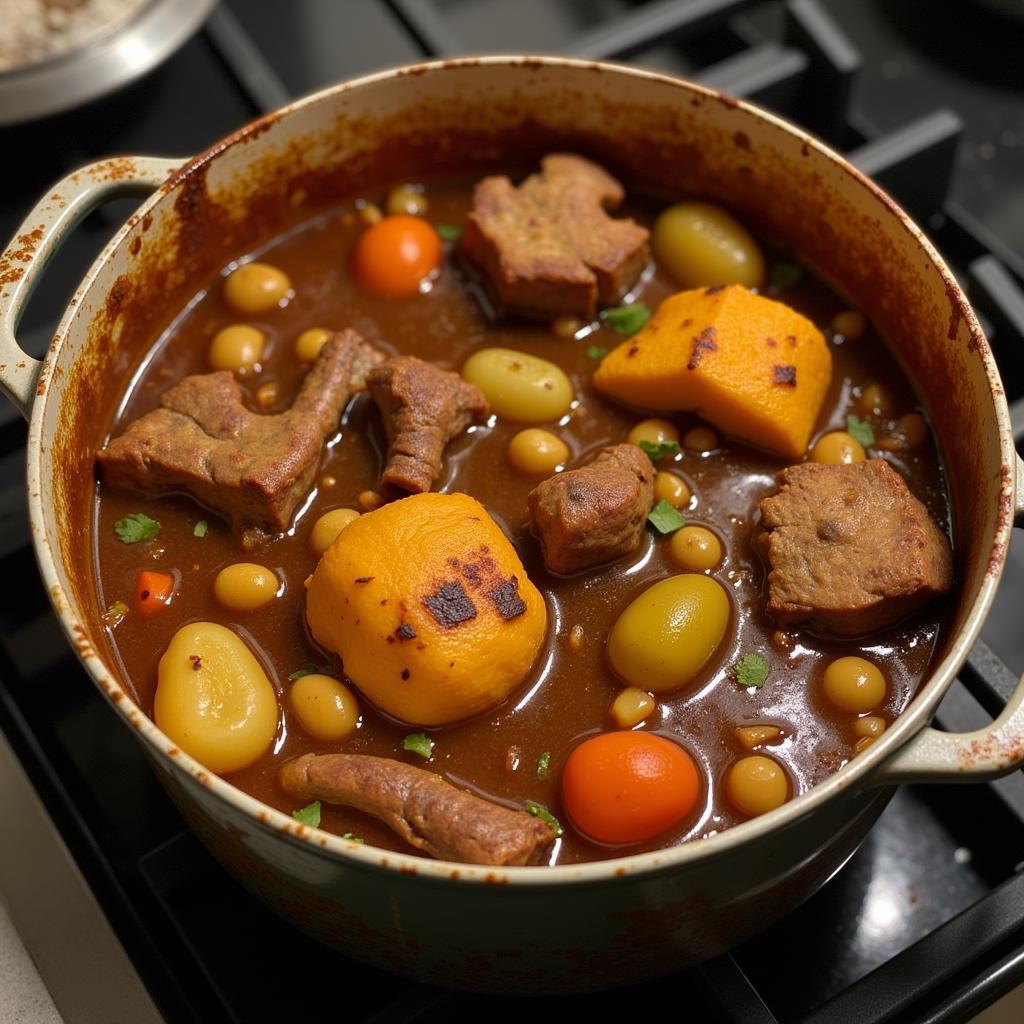 A pot of Guyanese Pepperpot simmering on a stove