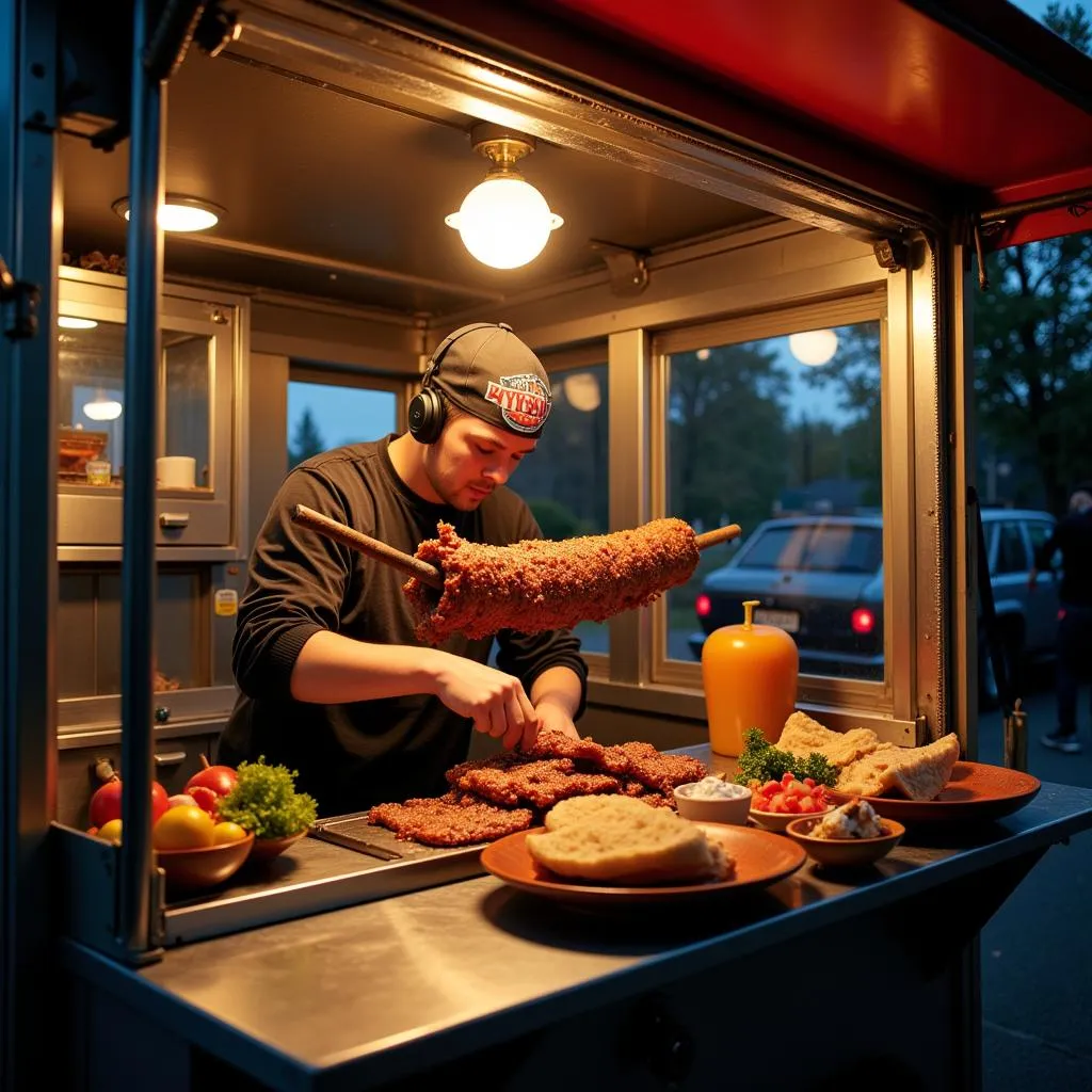 Gyro chef expertly prepares a gyro inside a food truck