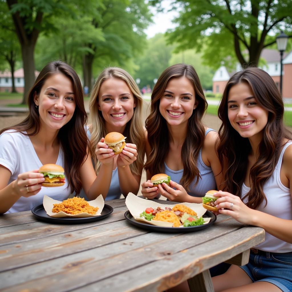 A group of friends laughing and enjoying their H7 Eats meal at a picnic table.