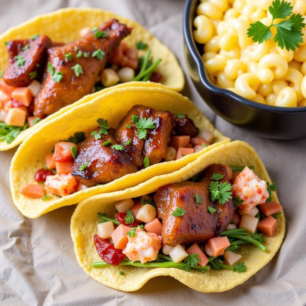 Close-up shot of H7 Eats' popular Korean BBQ Tacos and Lobster Mac & Cheese