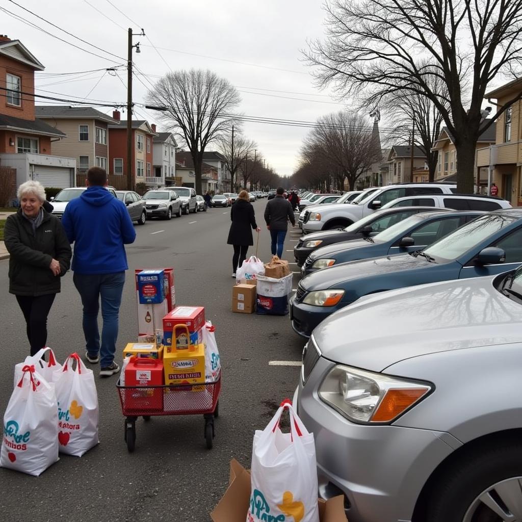 Community members participating in a food drive for the Hackensack Food Pantry.