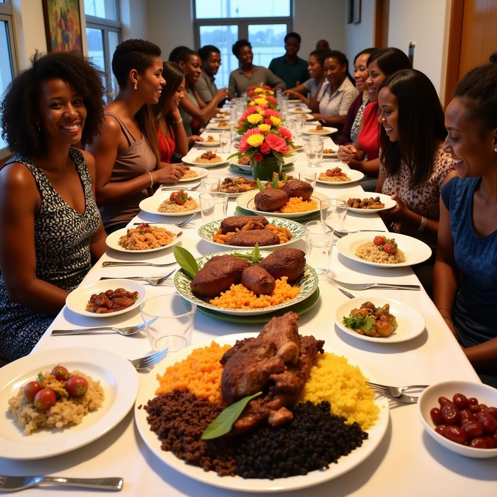 A table laden with traditional Haitian wedding dishes, showcasing the vibrancy and variety of the cuisine.