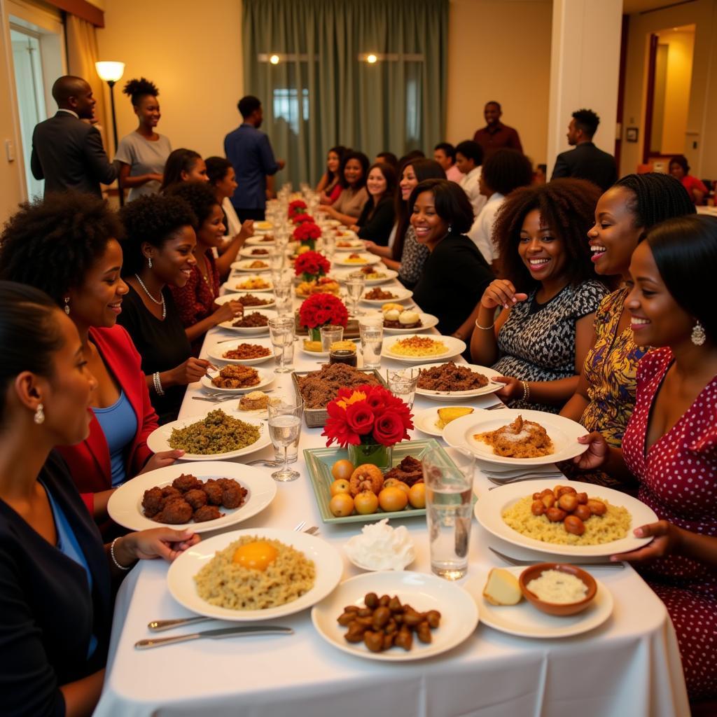 Guests at a Haitian wedding enjoying the delicious food and festive atmosphere.