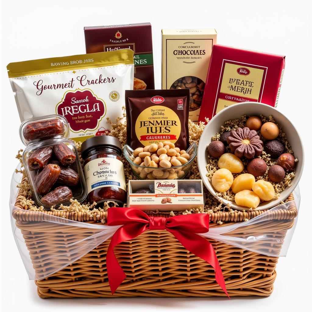 A beautifully arranged halal food gift basket