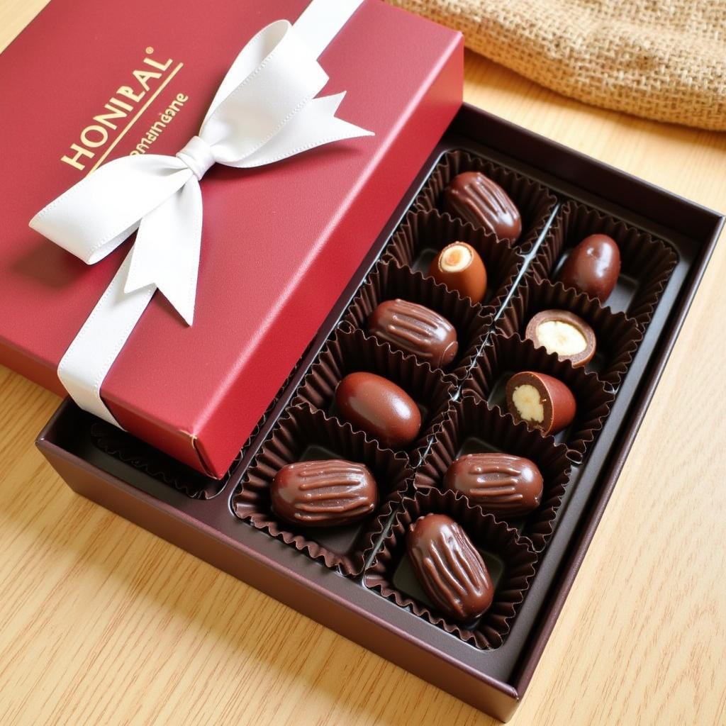 A beautifully packaged halal gift box filled with assorted chocolates and dates